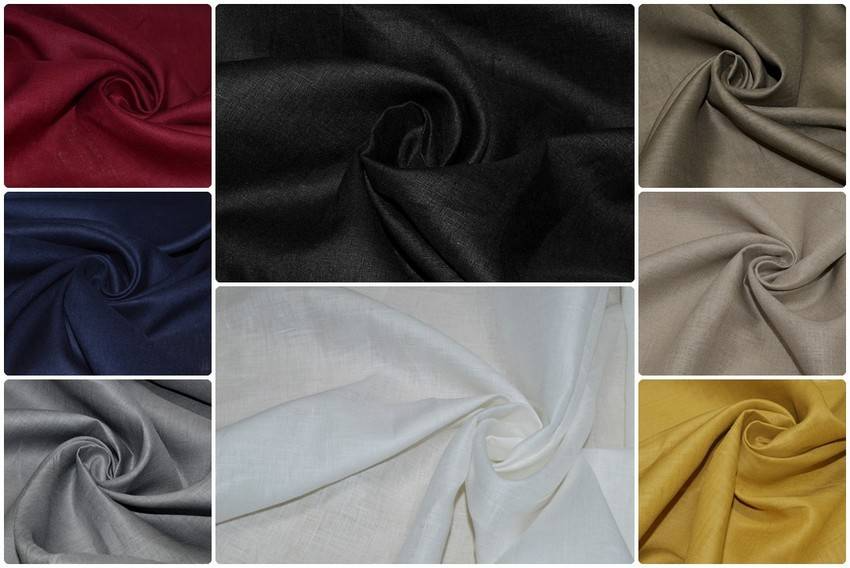 Assortimento di tessuti in puro lino in diverse tinte unite per creazioni fai da te.