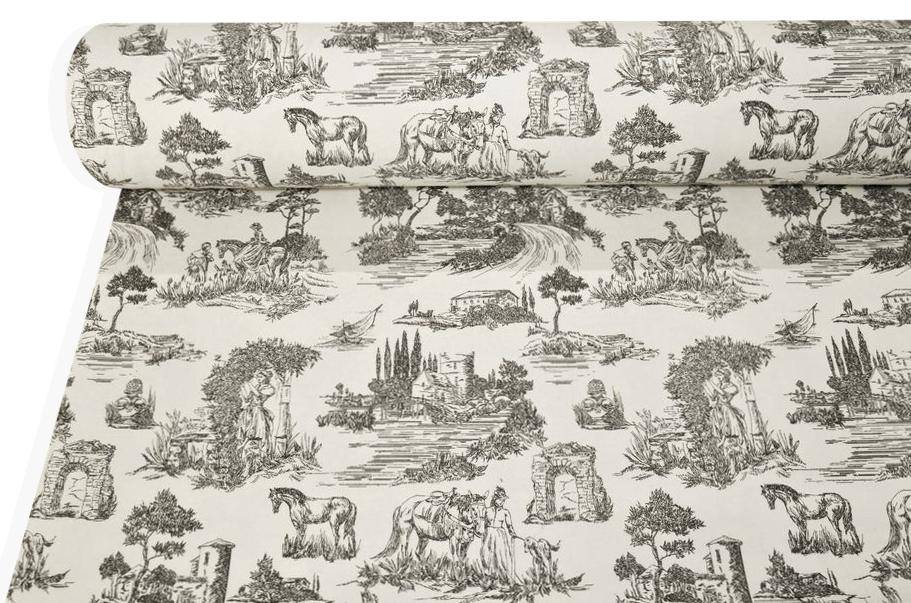 Tessuto canvas misto cotone Toile de Jouy grigio per shopping bag